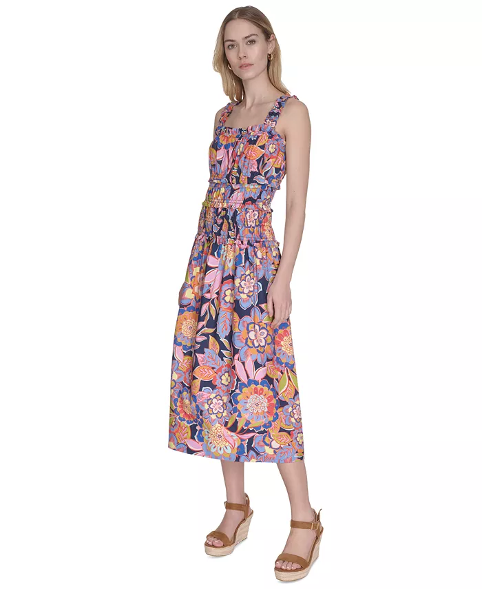 Eliza J Women's Cotton Smocked-Waist Floral-Print Dress Women's Fashion Shoes & Accessories