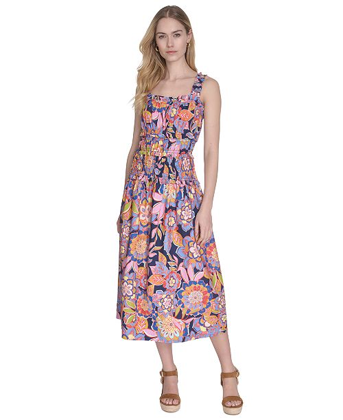 Eliza J Women's Cotton Smocked-Waist Floral-Print Dress Women's Fashion Shoes & Accessories