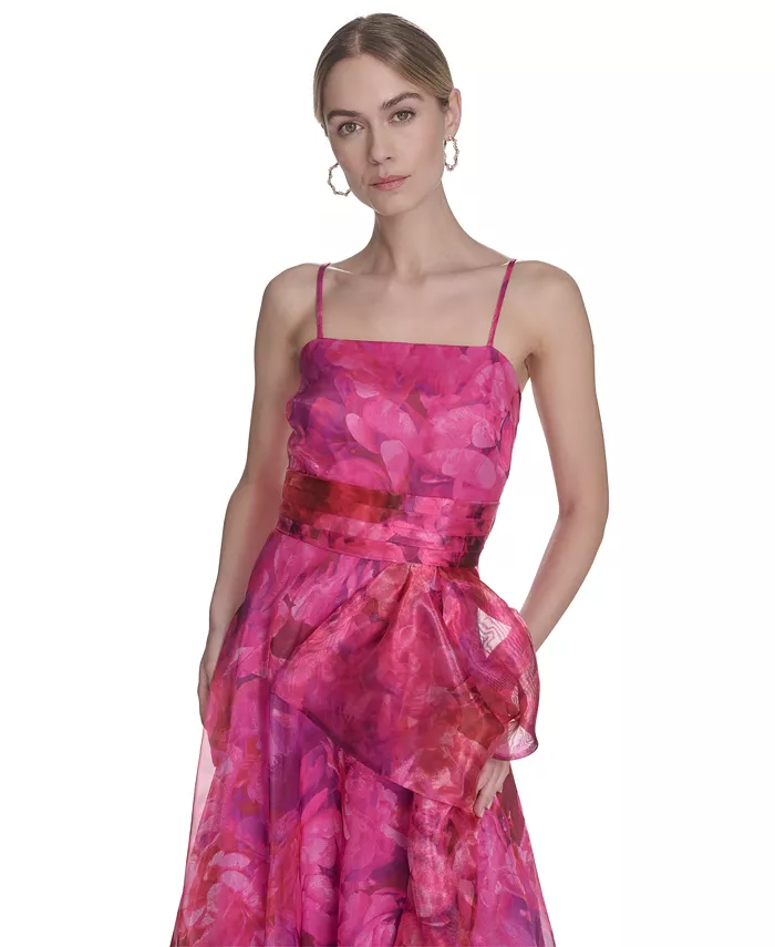 Eliza J Women's Square-neck Floral Print Organza Gown Women's Fashion Shoes & Accessories