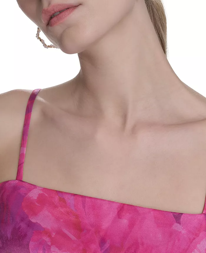 Eliza J Women's Square-neck Floral Print Organza Gown Women's Fashion Shoes & Accessories