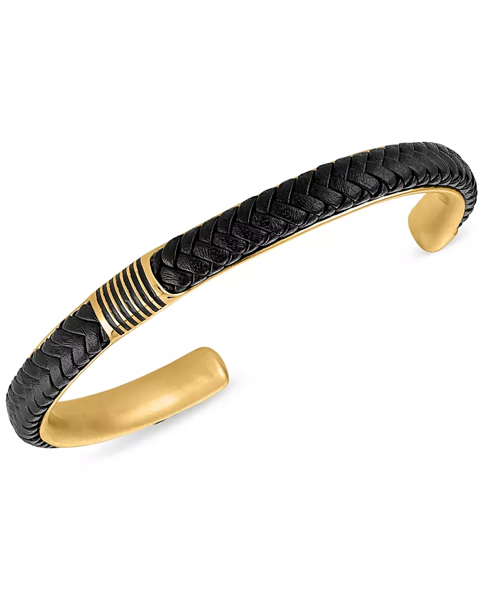 Esquire Men's Jewelry Woven Leather Cuff Bracelet In Gold-Tone Ion-Plated Stainless Steel Created For Macy's Jewelry & Watches