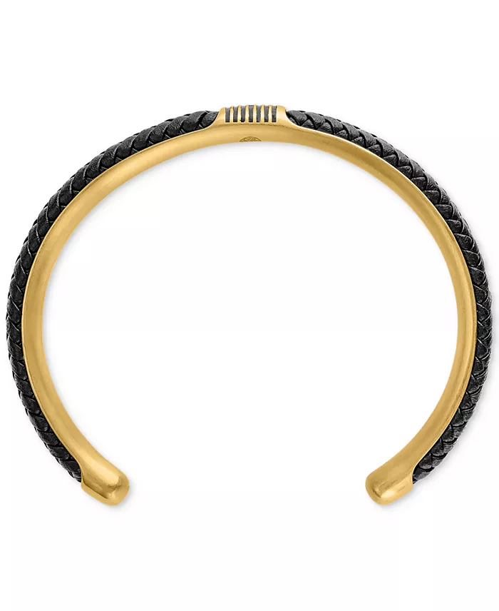 Esquire Men's Jewelry Woven Leather Cuff Bracelet In Gold-Tone Ion-Plated Stainless Steel Created For Macy's Jewelry & Watches