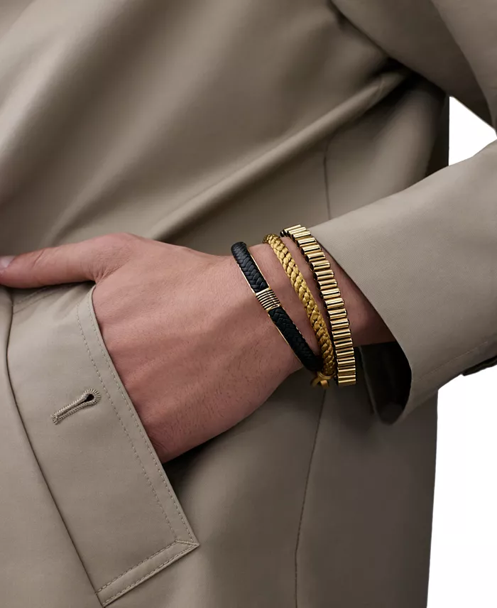 Esquire Men's Jewelry Woven Leather Cuff Bracelet In Gold-Tone Ion-Plated Stainless Steel Created For Macy's Jewelry & Watches