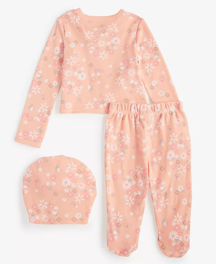 First Impressions Baby Girls Secret Garden Cotton Hat Cardigan & Footed Pants 3 Piece Set Created For Macy's Kids