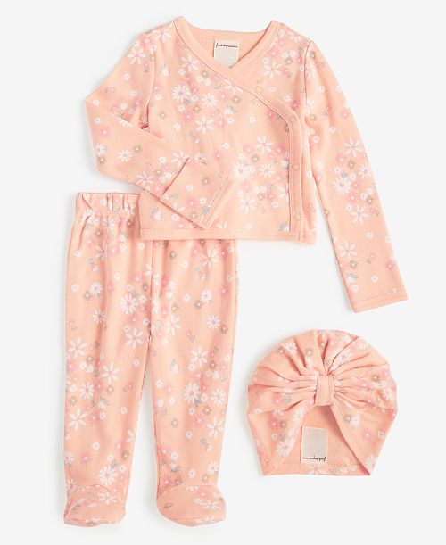 First Impressions Baby Girls Secret Garden Cotton Hat Cardigan & Footed Pants 3 Piece Set Created for Macy's Kids