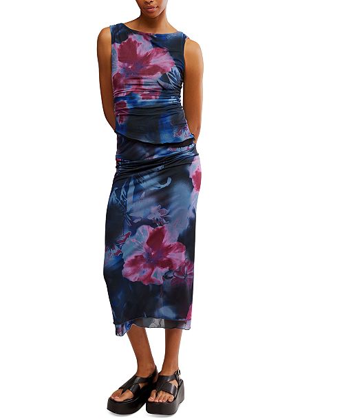 Free People Ruched Mesh Top and Mesh Maxi Skirt Set Women's Fashion Shoes & Accessories