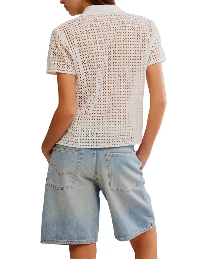 Free People Women's Anna Eyelet Polo Top Women's Fashion Shoes & Accessories