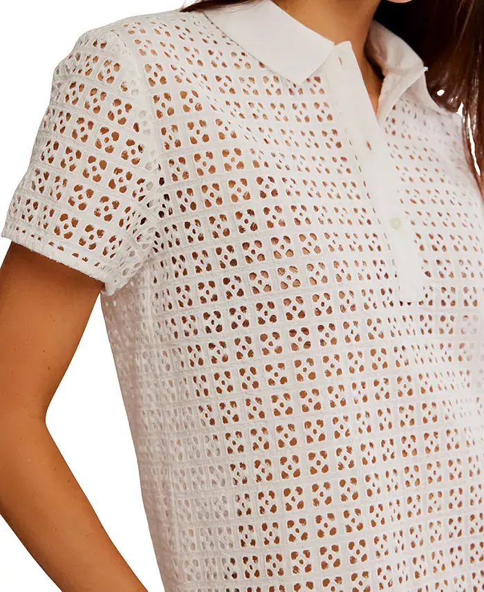 Free People Women's Anna Eyelet Polo Top Women's Fashion Shoes & Accessories