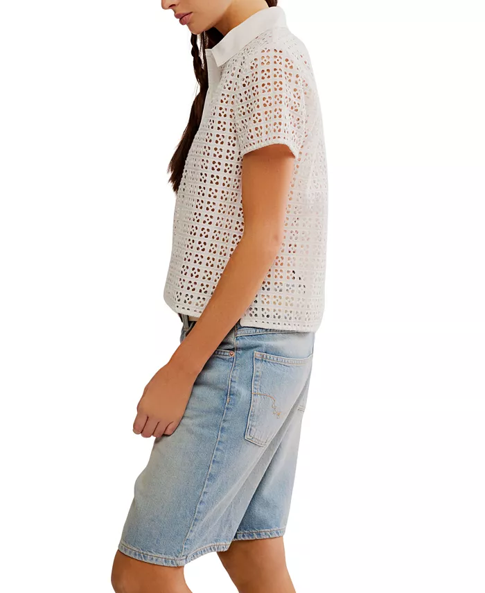Free People Women's Anna Eyelet Polo Top Women's Fashion Shoes & Accessories