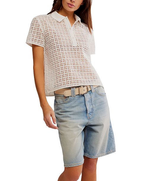 Free People Women's Anna Eyelet Polo Top Women's Fashion Shoes & Accessories