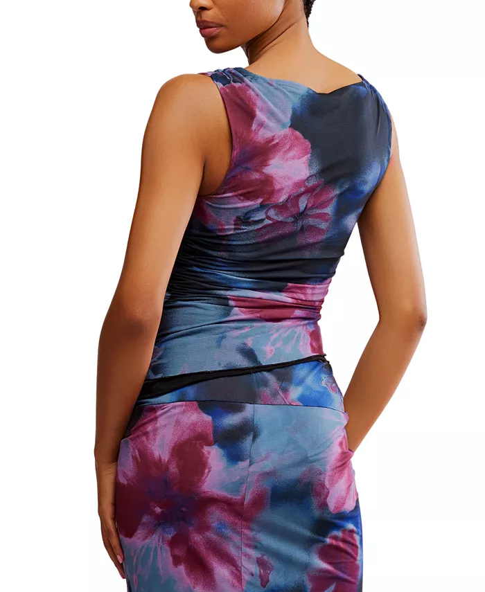 Free People Women's Ash Printed Ruched Mesh Top Women's Fashion Shoes & Accessories