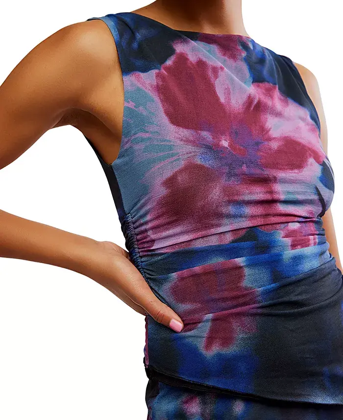 Free People Women's Ash Printed Ruched Mesh Top Women's Fashion Shoes & Accessories