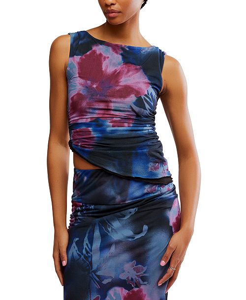 Free People Women's Ash Printed Ruched Mesh Top Women's Fashion Shoes & Accessories