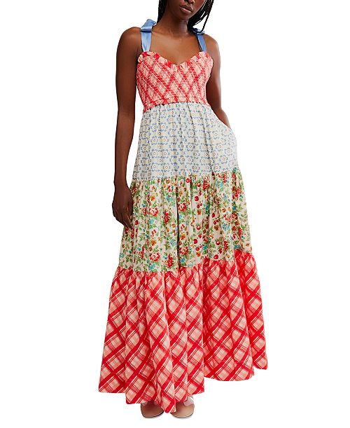 Free People Women's Bluebell Cotton Mixed-Print Tiered Maxi Dress Women's Fashion Shoes & Accessories