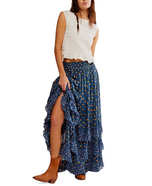 Free People Women's Brynn Printed Ruffle Maxi Skirt Women's Fashion Shoes & Accessories