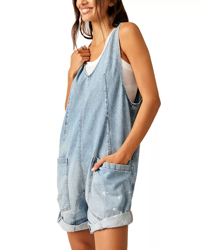 Free People Women's Cotton High Roller V-Neck Shortall Women's Fashion Shoes & Accessories