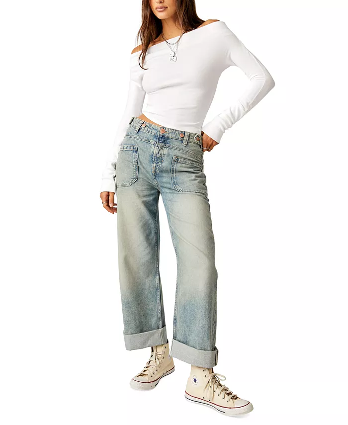 Free People Women's Cotton Palmer Cuffed Boyfriend Jeans Women's Fashion Shoes & Accessories