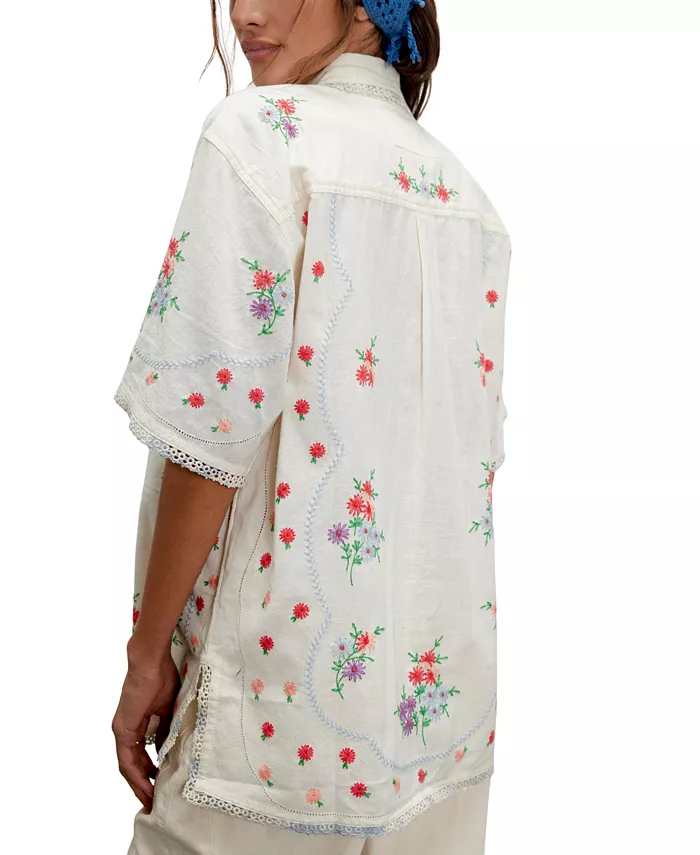 Free People Women's Emma Embroidered Cotton Linen Button-Front Shirt Women's Fashion Shoes & Accessories