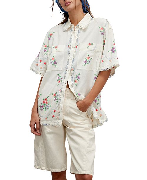 Free People Women's Emma Embroidered Cotton Linen Button-Front Shirt Women's Fashion Shoes & Accessories