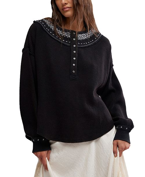 Free People Women's Holly Henley Embroidered Cotton Top Women's Fashion Shoes & Accessories