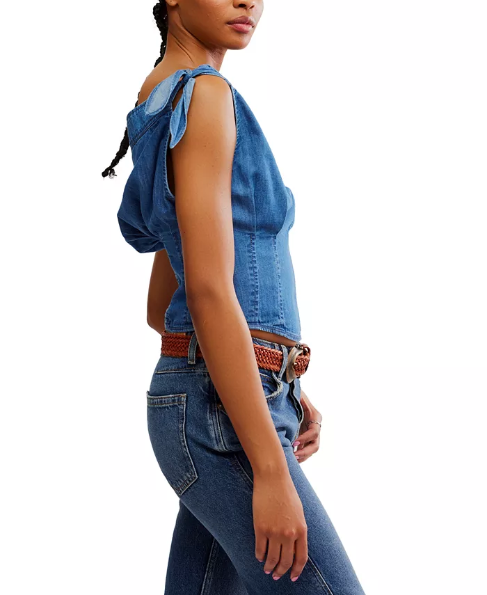 Free People Women's Louie Cotton Denim Tie-Shoulder Top Women's Fashion Shoes & Accessories