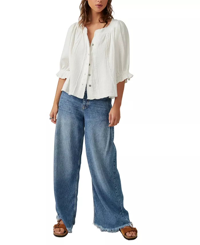 Free People Women's Lucy Cotton Button-Front Swing Blouse Women's Fashion Shoes & Accessories