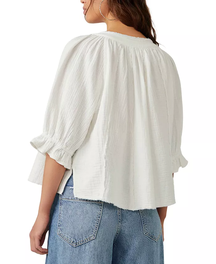Free People Women's Lucy Cotton Button-Front Swing Blouse Women's Fashion Shoes & Accessories