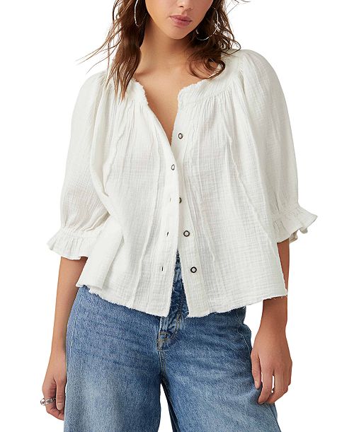Free People Women's Lucy Cotton Button-Front Swing Blouse Women's Fashion Shoes & Accessories