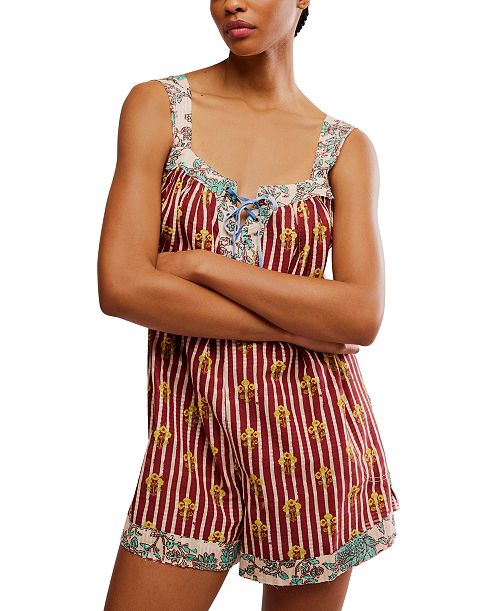 Free People Women's Port Au Prince Printed Cotton Sleeveless Romper Women's Fashion Shoes & Accessories