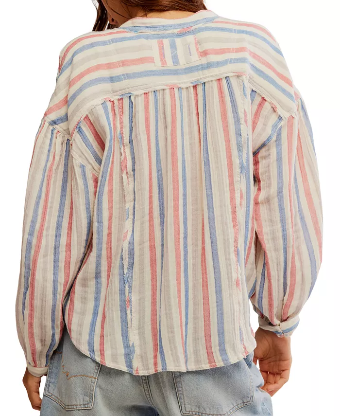 Free People Women's Striped Valley Double-Cloth Shirt Women's Fashion Shoes & Accessories
