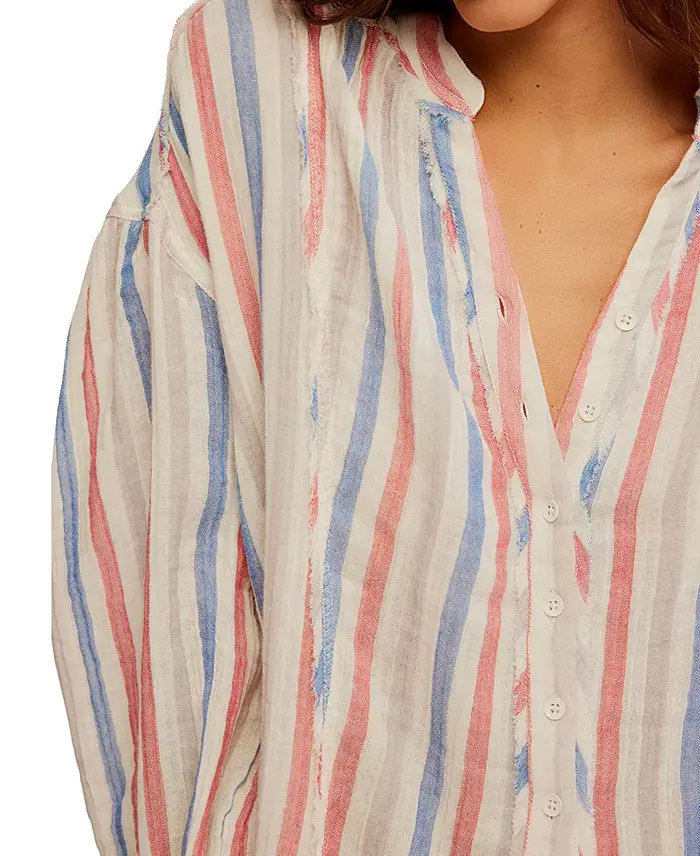 Free People Women's Striped Valley Double-Cloth Shirt Women's Fashion Shoes & Accessories