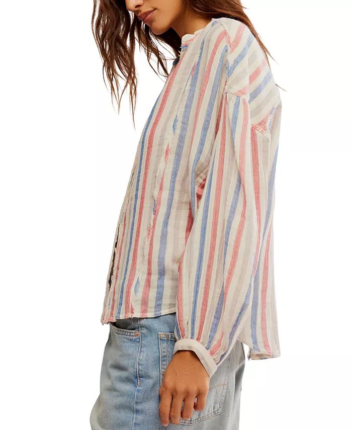 Free People Women's Striped Valley Double-Cloth Shirt Women's Fashion Shoes & Accessories