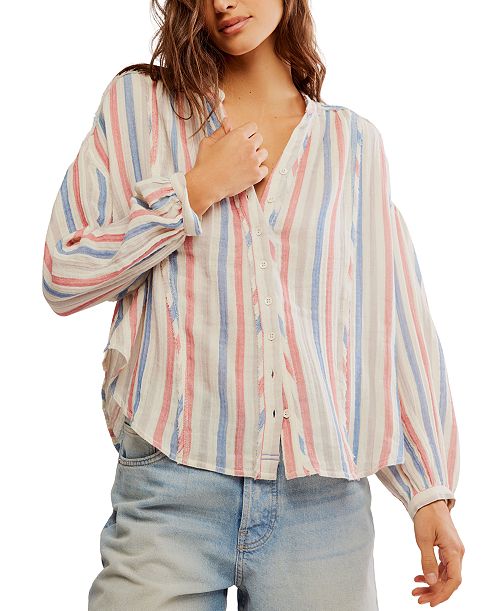 Free People Women's Striped Valley Double-Cloth Shirt Women's Fashion Shoes & Accessories