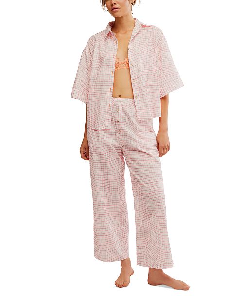 Free People Women's Summer Sleeper Cotton Short-Sleeve Pajama Set Women's Fashion Shoes & Accessories