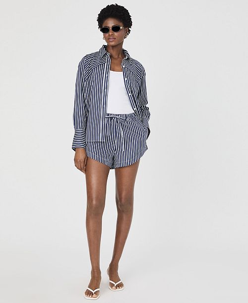French Connection Women's Alexis Cotton Angled-Yoke Shirt & Alexis Cotton Drawstring Shorts Women's Fashion Shoes & Accessories