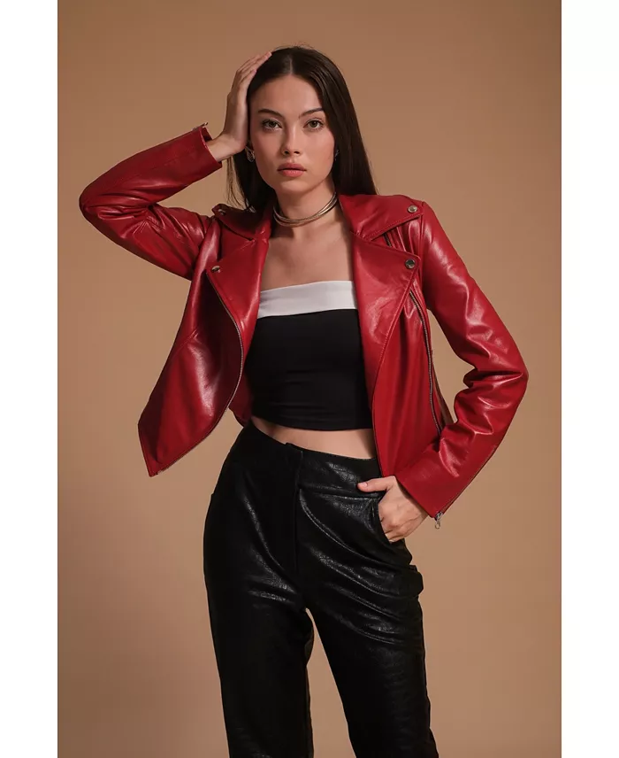Furniq UK Women's Leather Jacket Red Created For Macy's Women's Fashion Shoes & Accessories