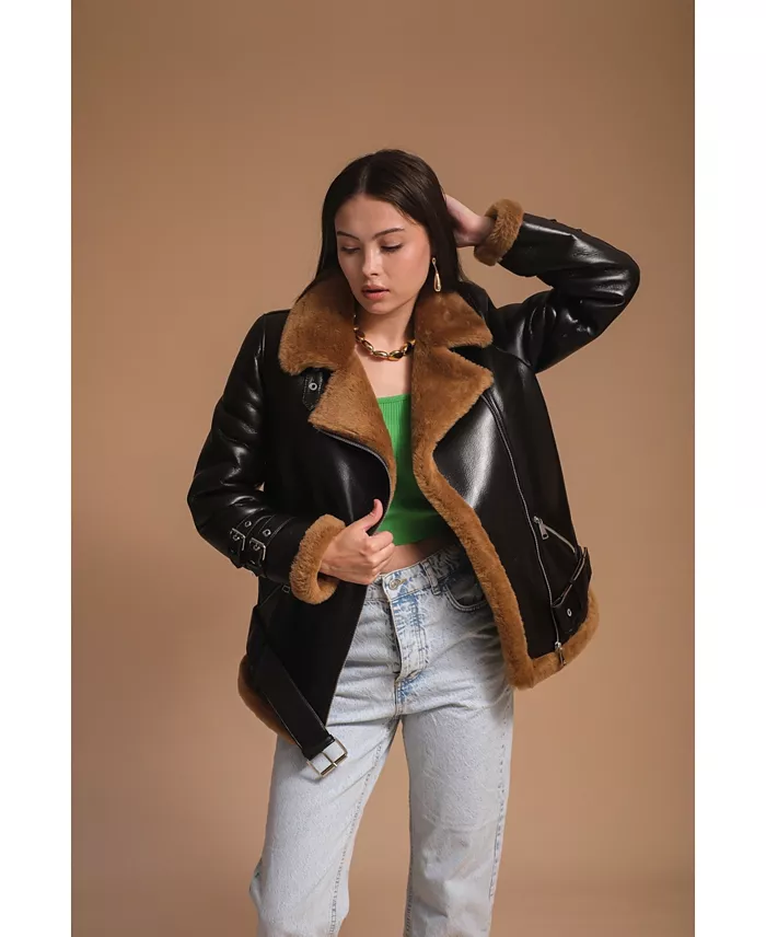 Furniq UK Women's Leather Sheepskin Jacket Brown Created For Macy's Women's Fashion Shoes & Accessories