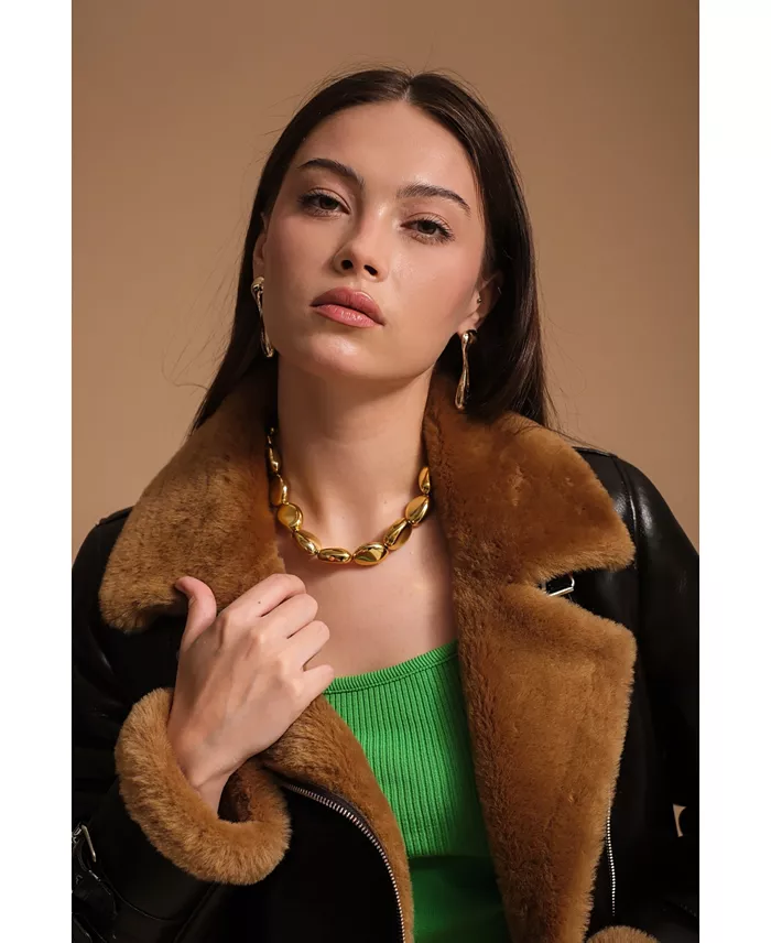 Furniq UK Women's Leather Sheepskin Jacket Brown Created For Macy's Women's Fashion Shoes & Accessories