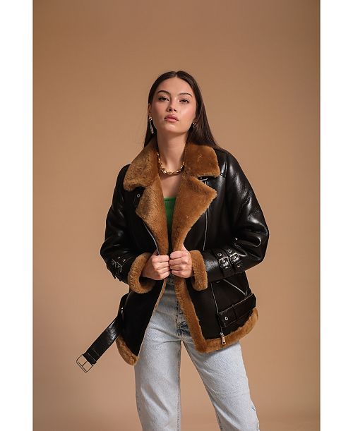 Furniq UK Women's Leather Sheepskin Jacket Brown Created for Macy's Women's Fashion Shoes & Accessories