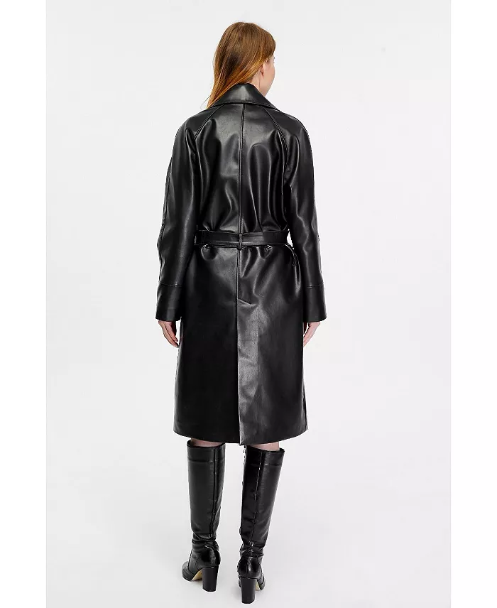 Furniq UK Women's Leather Trench Coat Black Women's Fashion Shoes & Accessories