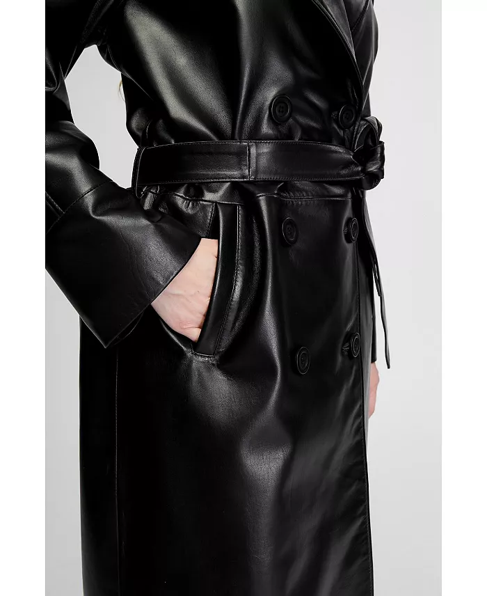 Furniq UK Women's Leather Trench Coat Black Women's Fashion Shoes & Accessories