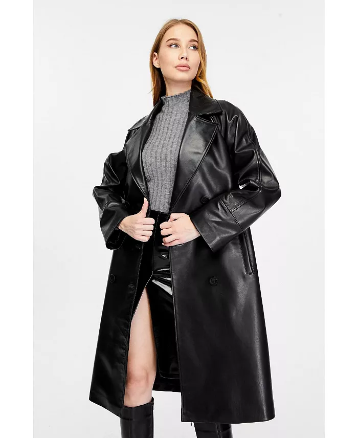 Furniq UK Women's Leather Trench Coat Black Women's Fashion Shoes & Accessories