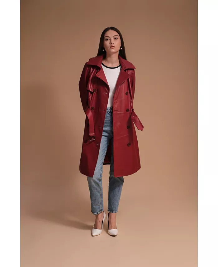 Furniq UK Women's Leather Trench Coat Burgundy Created For Macy's Women's Fashion Shoes & Accessories