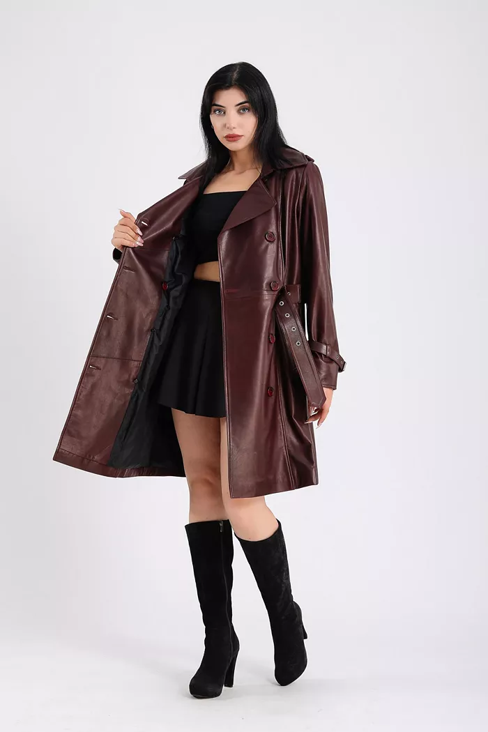 Furniq UK Women's Leather Trench Coat Burgundy Created For Macy S Women's Fashion Shoes & Accessories