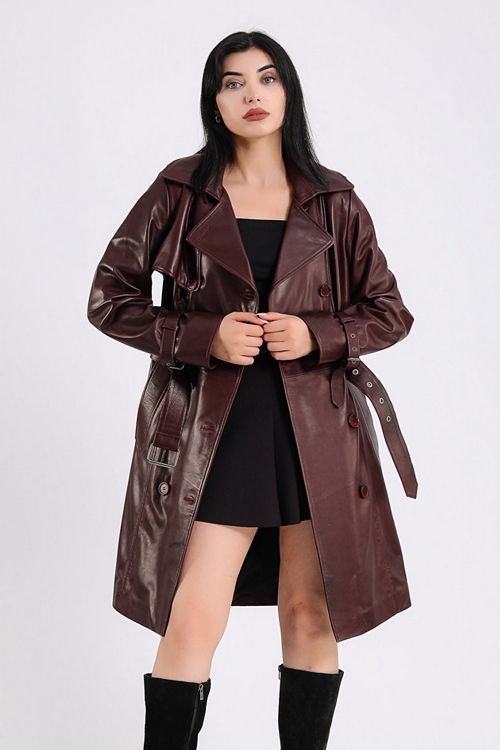 Furniq UK Women's Leather Trench Coat Burgundy Created for Macy s Women's Fashion Shoes & Accessories