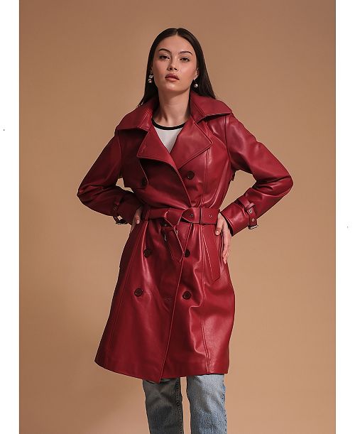 Furniq UK Women's Leather Trench Coat Burgundy Created For Macy's Women's Fashion Shoes & Accessories