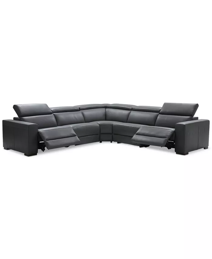 Furniture Nevio 5-Pc. Leather "L" Shaped Sectional With 2 Power Recliners With Articulating Headrests Created For Macy's Furniture
