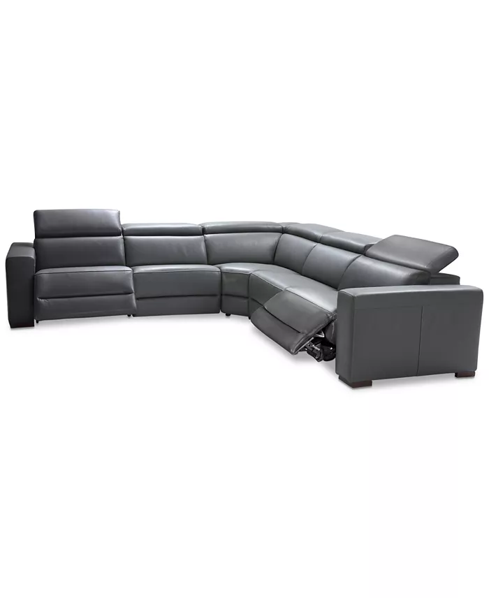 Furniture Nevio 5-Pc. Leather "L" Shaped Sectional With 2 Power Recliners With Articulating Headrests Created For Macy's Furniture