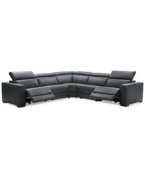Furniture Nevio 5-Pc. Leather "L" Shaped Sectional with 2 Power Recliners with Articulating Headrests Created for Macy's Furniture