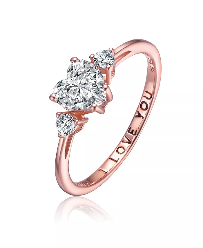 Genevive Sterling Silver Heart And Round Clear Cubic Zirconia's Three-Stone "I Love You" Ring Jewelry & Watches